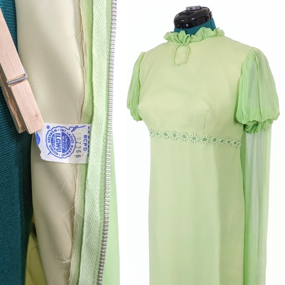 1960s Fairy Cape Dress Flower Power Vintage Prom Formal Romantic ILGWU Green vtg - Picture 7 of 9